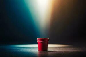 un rojo taza sentado en un mesa en frente de un destacar. generado por ai foto