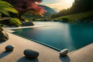 a pool surrounded by rocks and trees. AI-Generated photo