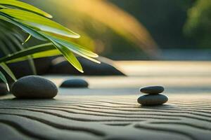 a zen garden with stones and palm leaves. AI-Generated photo
