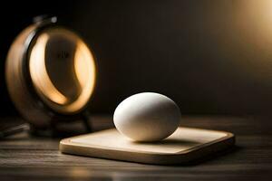 a ball on a wooden table next to an alarm clock. AI-Generated photo