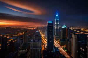 el ciudad horizonte a puesta de sol en kuala lumpur, Malasia. generado por ai foto