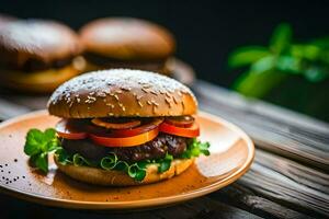 a hamburger on a plate with lettuce and tomatoes. AI-Generated photo