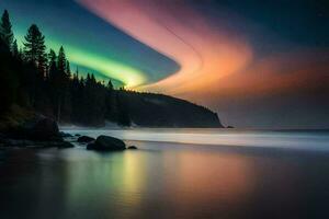 the aurora borealis over the ocean. AI-Generated photo