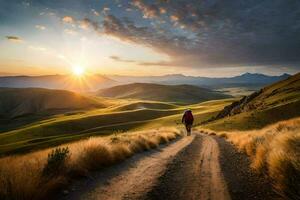 a man walks down a dirt road in the mountains. AI-Generated photo