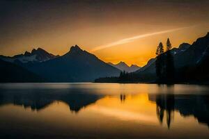 un hermosa puesta de sol terminado un lago con montañas en el antecedentes. generado por ai foto