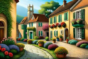 a painting of a street in a village with flowers and plants. AI-Generated photo