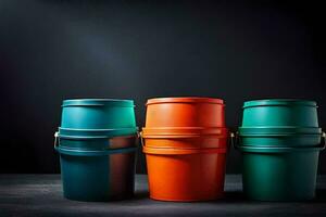 three colorful buckets on a dark background. AI-Generated photo