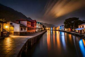 a canal in the middle of a town at night. AI-Generated photo