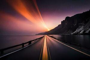 a long exposure photograph of a road with a sunset in the background. AI-Generated photo