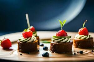 small cakes with strawberries and mint on top. AI-Generated photo