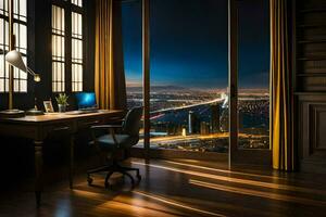 a desk with a lamp and a window overlooking the city. AI-Generated photo