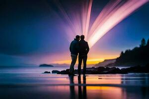 two people standing on the beach at sunset with a bright light coming from the sky. AI-Generated photo