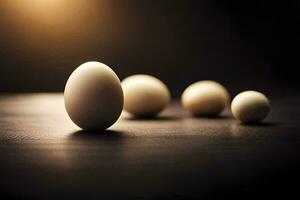 five eggs on a table with a light behind them. AI-Generated photo