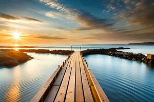 a wooden bridge over the ocean at sunset. AI-Generated photo
