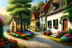 a painting of a street with flowers and houses. AI-Generated photo