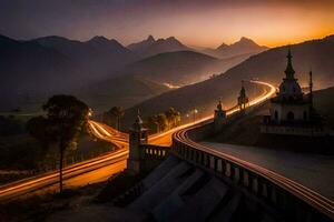 a long exposure photo of a road and mountains at sunset. AI-Generated