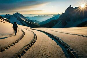 un persona caminando a través de un nieve cubierto montaña. generado por ai foto