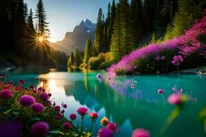 the sun shines over a lake with flowers and trees. AI-Generated photo