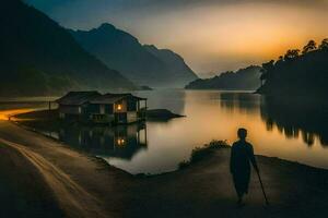 un hombre camina a lo largo el apuntalar de un lago a puesta de sol. generado por ai foto