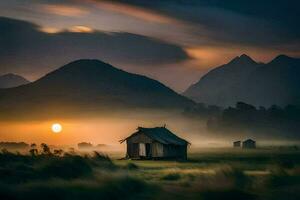 a small hut in the middle of a field with mountains in the background. AI-Generated photo