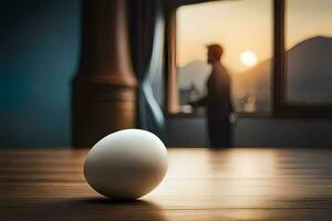 an egg sitting on a table in front of a man. AI-Generated photo