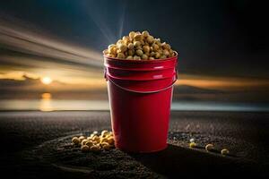 a bucket of peanuts on the beach at sunset. AI-Generated photo