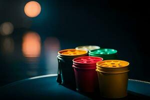 four colorful plastic cups sitting on a table. AI-Generated photo