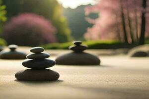 un grupo de piedras en el arena con un rosado árbol en el antecedentes. generado por ai foto