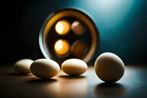 a group of eggs on a table with a light behind them. AI-Generated photo