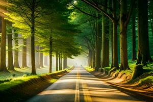 a road in the middle of a forest with trees. AI-Generated photo