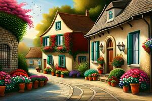 a painting of a street with flowers and potted plants. AI-Generated photo