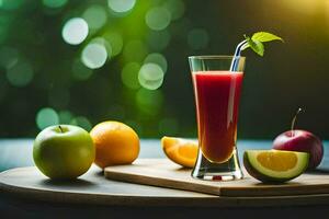 un vaso de jugo con un manzana, naranja y un rebanada de Lima. generado por ai foto