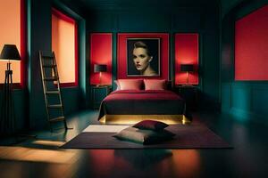 a bedroom with red walls and a bed. AI-Generated photo