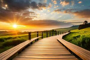 the sun rises over a wooden pathway in the grass. AI-Generated photo