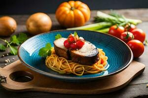 the food is served on a wooden cutting board with tomatoes, tomatoes and other vegetables. AI-Generated photo