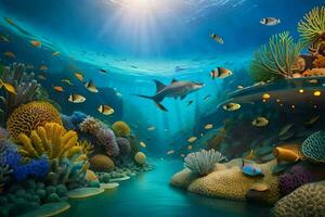 underwater scene with coral reefs and fish. AI-Generated photo