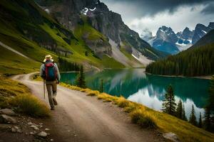 a person with a backpack walks down a path near a lake. AI-Generated photo