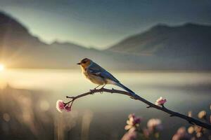 a bird sits on a branch in front of a lake. AI-Generated photo