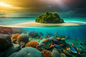 an underwater scene with coral reefs and an island. AI-Generated photo
