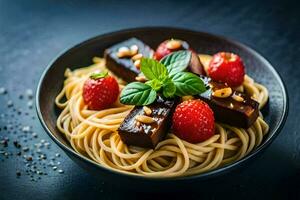 pasta with strawberries and nuts in a bowl. AI-Generated photo