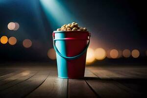 a bucket filled with peanuts on a wooden floor. AI-Generated photo