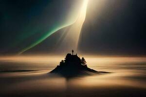 a lone island in the middle of the ocean with a bright aurora. AI-Generated photo