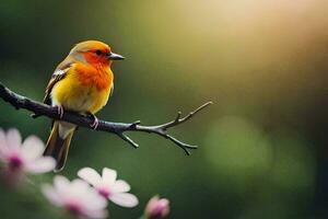 un pequeño naranja pájaro se sienta en un rama. generado por ai foto