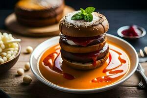 a stack of food on a plate with sauce. AI-Generated photo