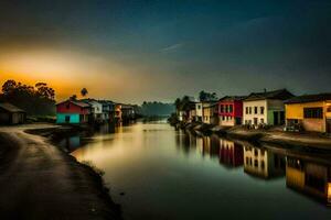 a river at sunset with houses along the shore. AI-Generated photo