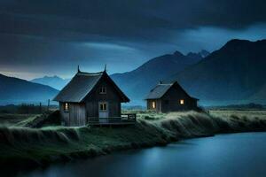 two wooden houses sit on the edge of a river. AI-Generated photo