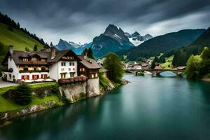 a beautiful mountain village with a river and a bridge. AI-Generated photo