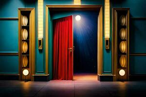 a red curtain is open in front of a blue door. AI-Generated photo