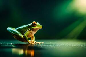 a frog is sitting on the ground with a green background. AI-Generated photo