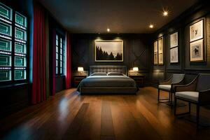 a bedroom with dark wood floors and a bed. AI-Generated photo